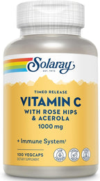 SOLARAY Vitamin C 1000mg - Time Release Vitamin C Capsules w/Rose HIPS and Acerola for Bioflavonoid Support - Two-Stage, All-Day Immune Support - Vegan, 60 Day Guarantee