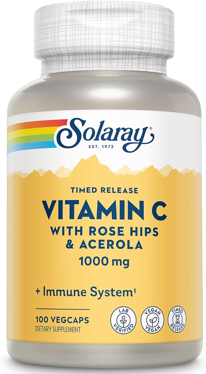 SOLARAY Vitamin C 1000mg - Time Release Vitamin C Capsules w/Rose HIPS and Acerola for Bioflavonoid Support - Two-Stage, All-Day Immune Support - Vegan, 60 Day Guarantee