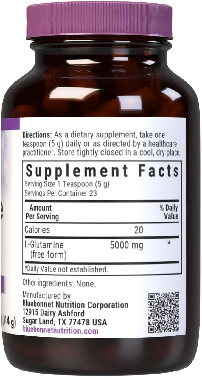 Bluebonnet Nutrition L-Glutamine Powder 5000mg, Supports Immune Function*, Nitrogen Transporter*, Soy-Free, Gluten-Free, Non-GMO, Kosher Certified, Vegan, 4 oz Bottle, 23 Servings