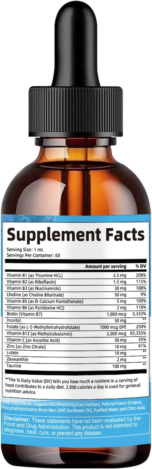 15-in-1 Liposomal Vitamin B Complex Pro, B Complex Drops with Vitamin B1, B2, B3 Niacinamide, Choline, B5, B6, B7 Biotin, Inositol, Folate, B12, Zinc, Lutein, Zeaxanthin, Taurine, Vitamin C, 2 fl oz