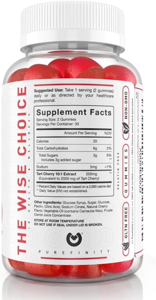 PUREFINITY Tart Cherry Gummies – Uric Acid Flush for Joint Relief & Recovery, Raw Juice Extract Antioxidant – Non-GMO, Gluten Free, Vegan, 60 Count (Pack of 2)