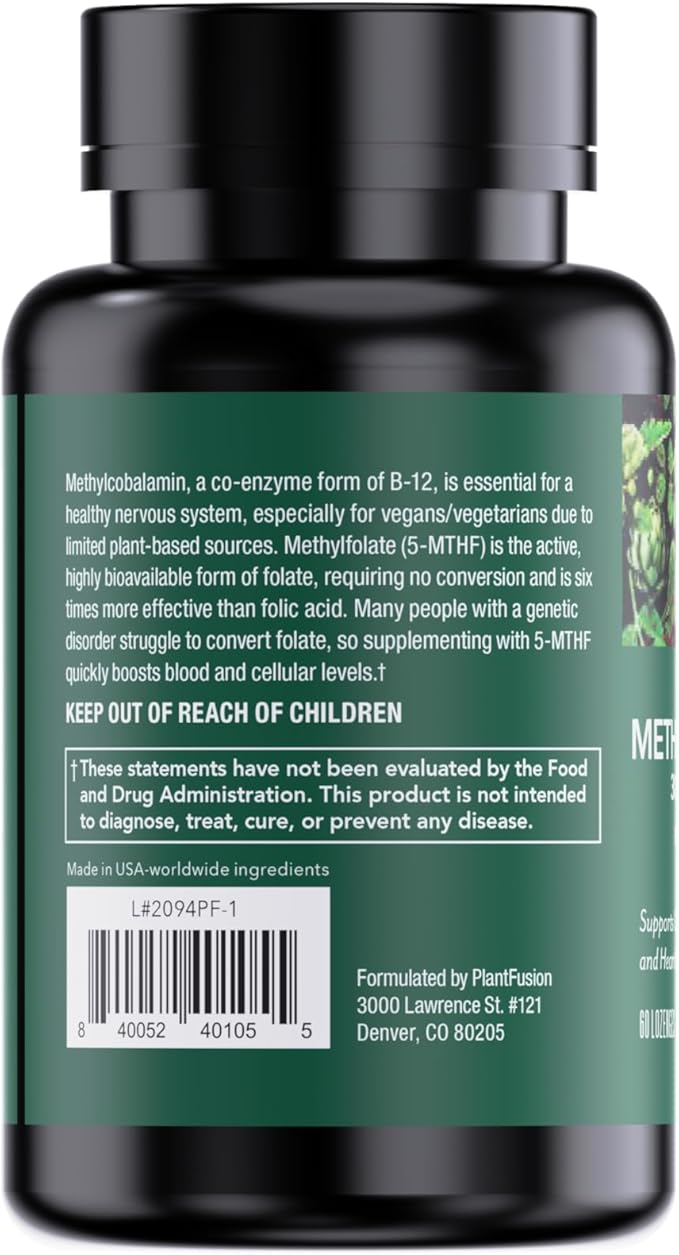 PlantFusion Vegan B12 Methyl 3000 mcg + Folate 400mcg - Sublingual Vitamins - Supports Energy, Heart Health, Nervous System - Cherry Flavor, 60 High Potency Lozenges for Fast Absorption