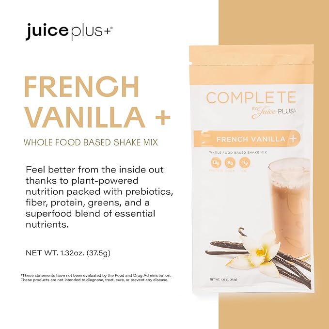 Complete by JuicePlus+ Single Serve French Vanilla Shakes - Plant-Based Nutrition - Vegan, Gluten-Free, Non-GMO, Kosher, Whole Food Based Shake Powder with Protein, Fiber & Prebiotics - 15 Servings