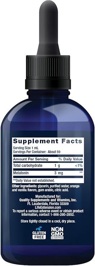 Life Extension Fast-Acting Liquid Melatonin (Citrus-Vanilla Flavor), 3 mg, Optimal Sleep Support, Healthy circadian Rhythms, Cellular Defense, Gluten-Free, Non-GMO, 2 fl oz