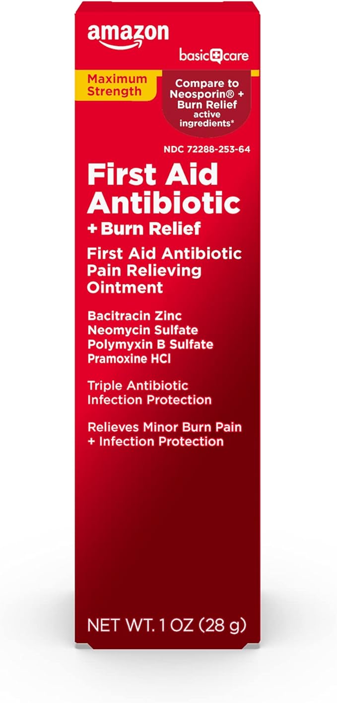 Amazon Basic Care First Aid Antibiotic + Burn Relief, Maximum Strength Triple Antibiotic Ointment for Minor Cuts, Scrapes, Infection Protection, 1 ounce (Pack of 1)