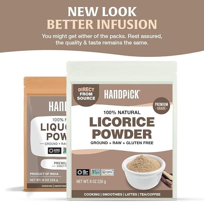 HANDPICK Licorice Root Powder (226g/8oz) Non GMO, Gluten Free, 100% Raw Ground Mulethi, Sourced from India, Glycyrrhiza Glabra, Packed in Resealable Ziplock Pouch