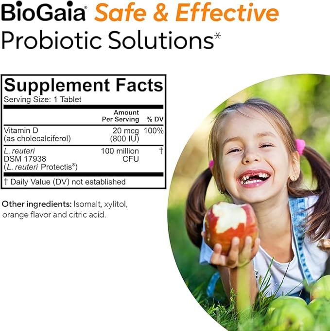 BioGaia Immune Active Kids | Probiotic + Vitamin D | for Digestive & Immune Health | Ages 3+ | Allergen, Dairy, Soy & Gluten Free | Trusted By Pediatricians | 60 Day Supply | Orange Flavored Chewable