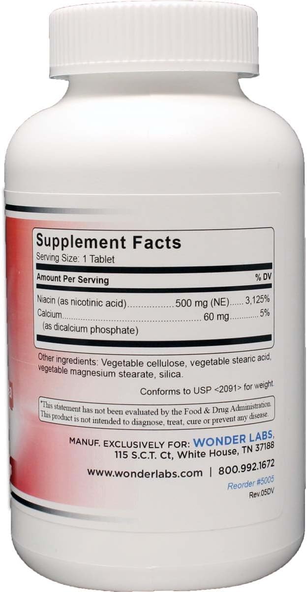 Wonder Laboratories High Potancy Time Release Niacin (Vitamin B3) 500 Mg 100 Tablets Non-GMO, Gluten Free Supplement