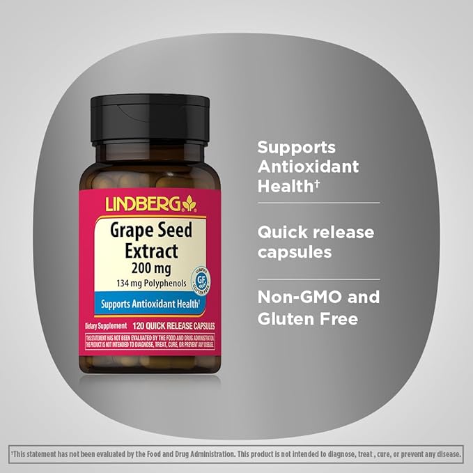 Lindberg Grape Seed Extract | 200mg | 120 Quick Release Capsules | 134mg Polyphenols | Non-GMO, Gluten Free Supplement