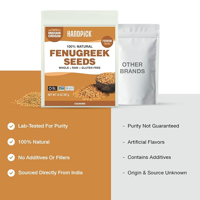 HANDPICK Fenugreek Seeds (14oz) ALL NATURAL Fenugreek - Indian Origin Whole Methi Seeds (Trigonella Foenum Graecum) Fenogreco En Semillas | Resealable Ziplock Pouch