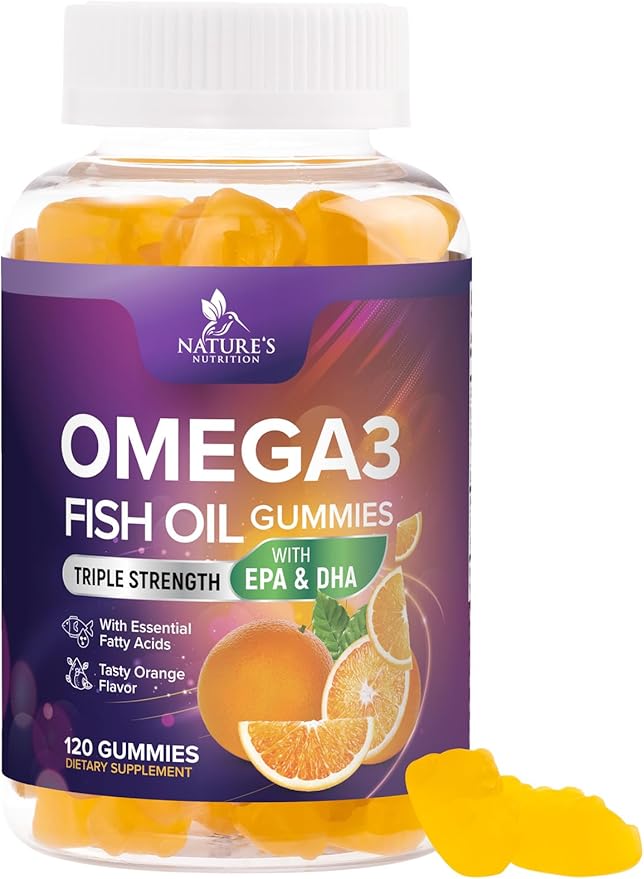 Omega 3 Fish Oil Gummies - 3X Strength Heart Health Support - High Absorption Omega 3 Fish Oil Gummy Supplement with DHA & EPA - Joint & Brain Support for Adults - Tasty Orange Flavor - 120 Gummies