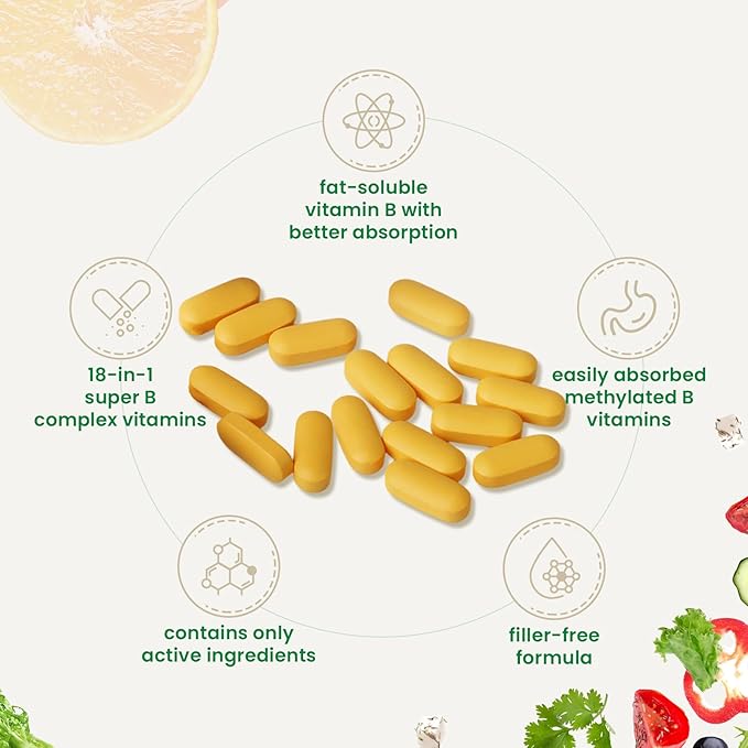 2 Bottles Vitamin B Complex with Vitamins B1, B2, B3, B5, B6, B12, Folic Acid, Choline, Zinc, Calcium, Inositol for Brain and Heart Support, Immunity, and Cellular Energy, 120 Tablets