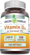 Amazing Formulas Vitamin D3 in Coconut Oil 5000 IU Supplement | Softgels | Non-GMO | Gluten-Free | Made in USA (1 Pack | 360 Count)