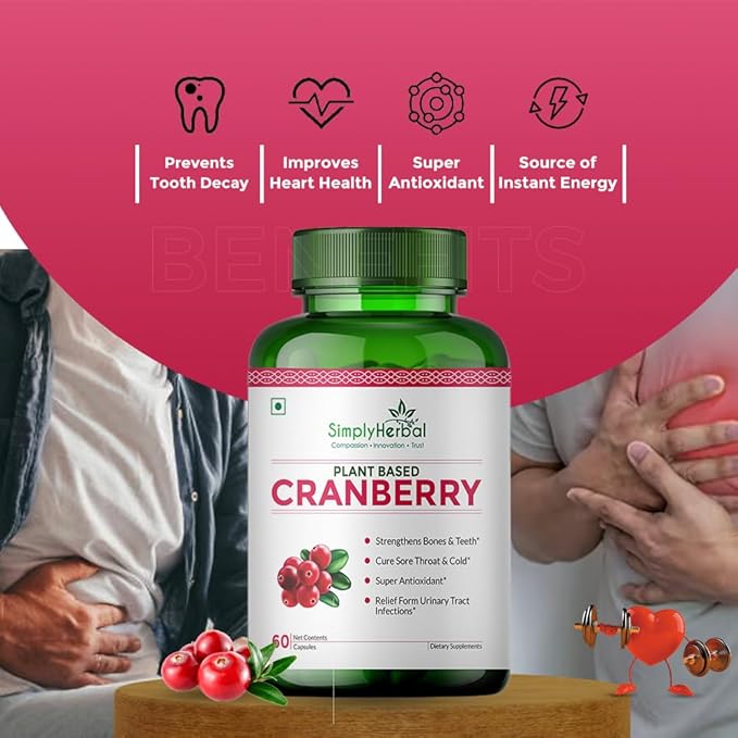 Simply Herbal D Mannose Cranberry Capsules 800 MG Supplement with Powerful Probiotics & Anti-oxidants Promotes Urinary Tract Health, Strong Bones & Teeth for Women & Men (60 Capsules)
