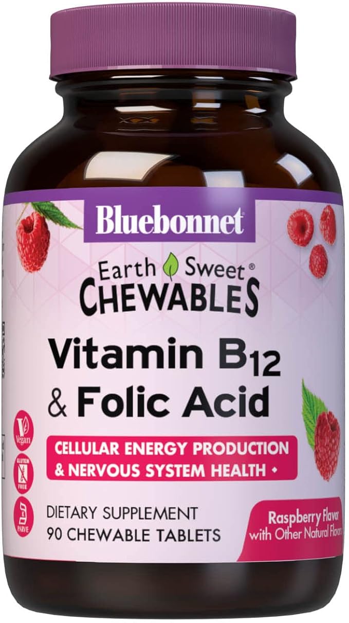Bluebonnet Nutrition Earth Sweet Vitamin B12 & Folic Acid Chewable Tablets, Soy-Free, Gluten-Free, Raspberry 90 Count (Pack of 1)
