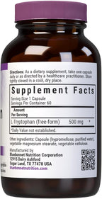 Bluebonnet Nutrition L-Trypotophan 500mg, for Neurotransmitting Support*, Supports Positive Mood*, Soy-Free, Gluten-Free, Non-GMO, Kosher Certified, Vegan, White 60 Vegetable Capsules, 60 Servings