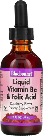 Bluebonnet Nutrition Liquid Vitamin B1 & Folic Acid, for Energy Boost, Soy-Free, Gluten-Free, Dairy-Free, Vegan, 400 mcg of Folic Acid & 1000 mcg of Vitamin B1 Per Serving, Raspberry, 59 Servings, 2 Fl Oz