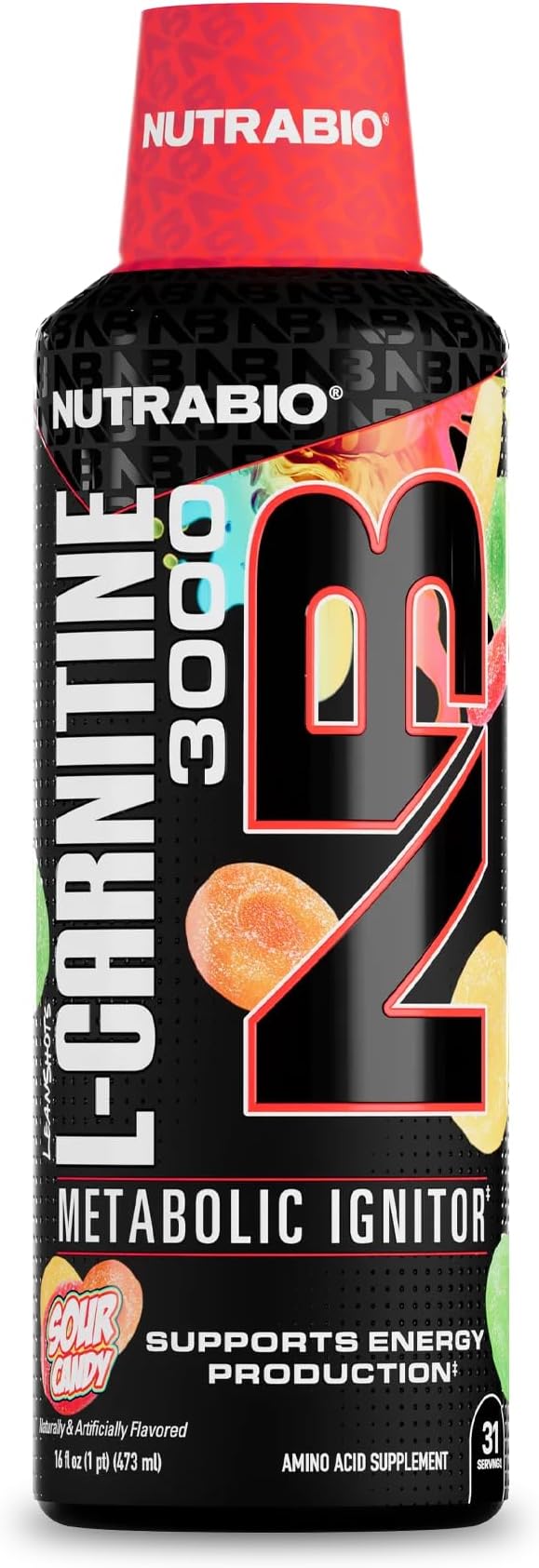 NutraBio L-Carnitine Liquid Shots 3000mg (Sour Candy) 10mg of Vitamin B-5 Zero Carbs & Sugars Energy Production Muscle Recovery