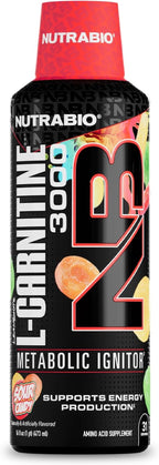 NutraBio L-Carnitine Liquid Shots 3000mg (Sour Candy) 10mg of Vitamin B-5 Zero Carbs & Sugars Energy Production Muscle Recovery