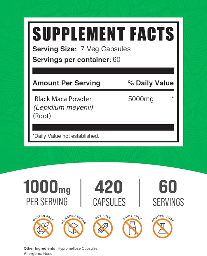 BulkSupplements.com Black Maca Root Capsules - Black Maca Supplement, Black Maca Root 5000mg, Black Maca Capsules - Gluten Free, 7 Capsules per Serving 420 Veg Capsules (Pack of 1)