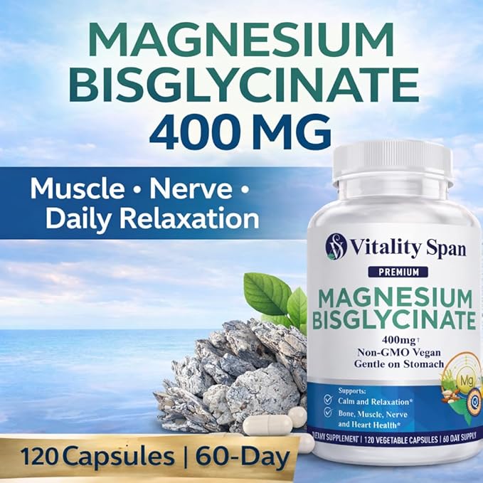 Magnesium Glycinate 400mg, Chelated Magnesium Bisglycinate for Relaxation and Sleep Aid, Extra Strength, with Magnesium Oxide, Gentle on Stomach, Vegan, 120 Capsules, Made in USA