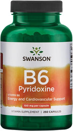 Swanson B6 Pyridoxine - Vitamin Supplement Promoting Cardiovascular Health & Energy Metabolism - Natural Formula Promoting Overall Wellness - (250 Capsules, 100mg Each)