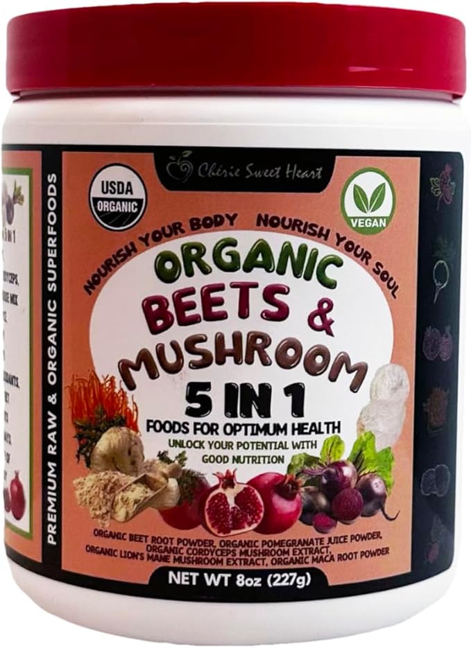 Cherie Sweet Heart Organic Beets & Mushroom 5 in 1, Beet Root Powder, Mushroom Powder Supplement, Beetroot with Pomegranate, Cordyceps, Lions Mane, Maca, USDA Organic, Gluten Free - 8 Oz Jar