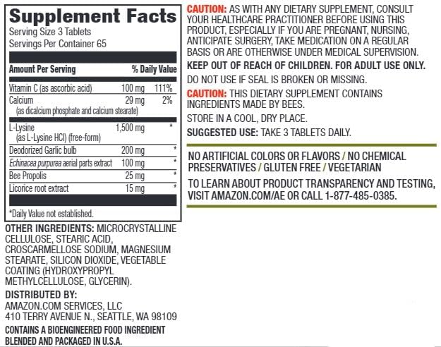 Amazon Elements Lysine Complex, with Vitamin C, Vegetarian, Immune Support, 195 Tablets (Packaging may vary)