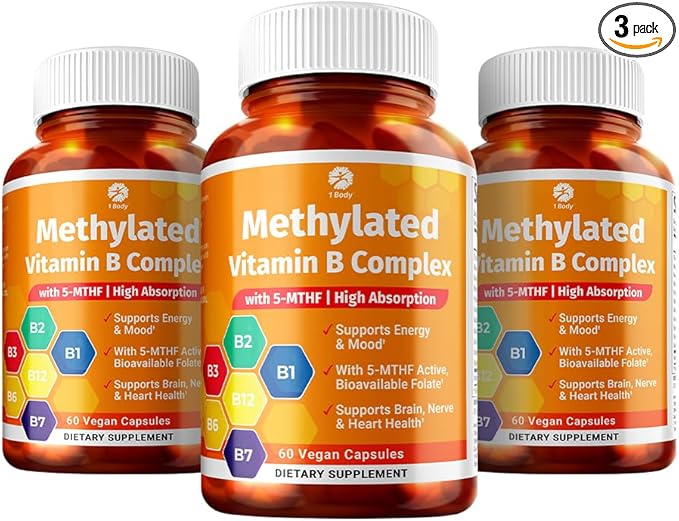 1 Body Vitamin B Complex 3 Pack – Bioavailable B Vitamins with 5-MTHF Folate, B1, B2, B5, B6, Methyl B12, Niacin & Biotin – Non-GMO, Vegan, Made in USA