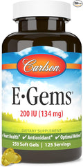 Carlson E-Gems 200 IU (134 mg), Natural-Source Vitamin E, Optimal Wellness, 250 Soft Gels