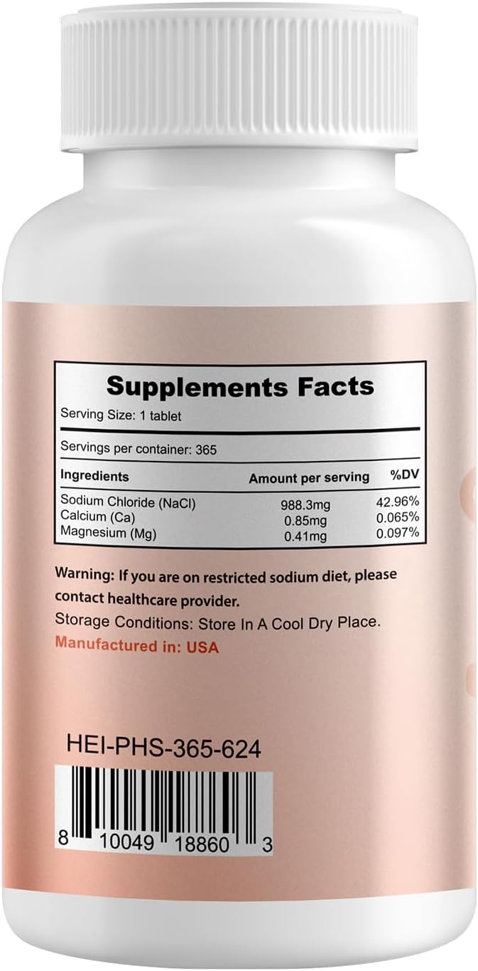 Heivy Pink Himalayan Salt Tablets 1000mg - Sodium Chloride 988mg, Non-GMO, Mineral-Rich Electrolyte Balance and Hydration, 365 Salt Tablets-Eectrolyte Supplement
