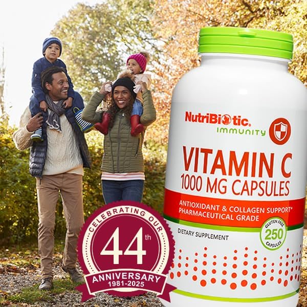 NutriBiotic - Vitamin C 1000 Mg Capsules, 250 Count | Essential Immune, Antioxidant & Collagen Support Supplement | Pharmaceutical Grade L-Ascorbic Acid, 1000 Mg Per Serving | Gluten & GMO Free