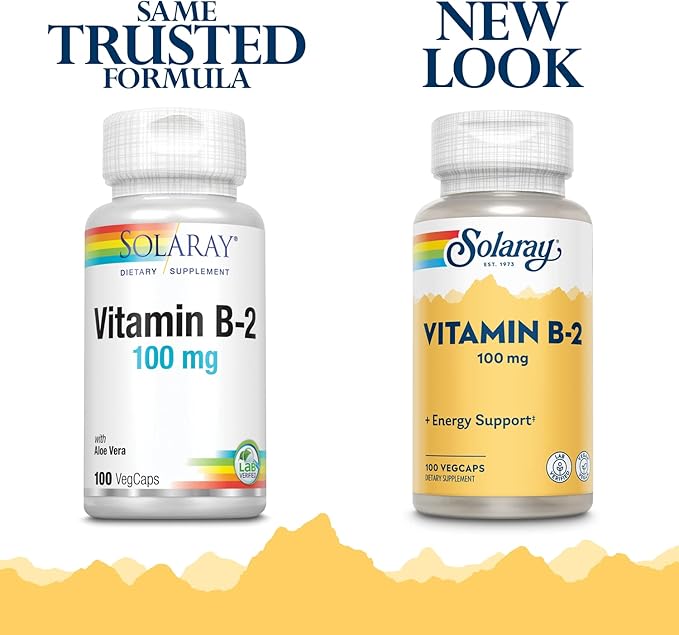 SOLARAY Vitamin B2 Supplement 100 mg for Men & Women - Riboflavin Vitamin B-2 Caps for Cellular Energy Support, Vit B2 100mg, Vegan, Non-GMO - 100 Veg Capsules