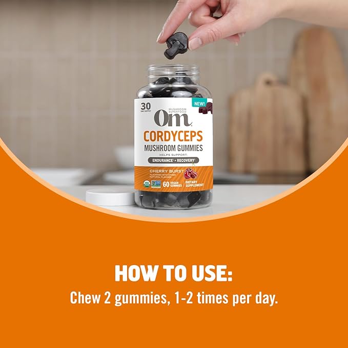 OM MUSHROOM SUPERFOOD Cordyceps Gummies – USA Grown Organic Mushrooms – Supports Endurance, Energy & Recovery – Cherry Burst Flavour – 30 Servings, 60 Count.