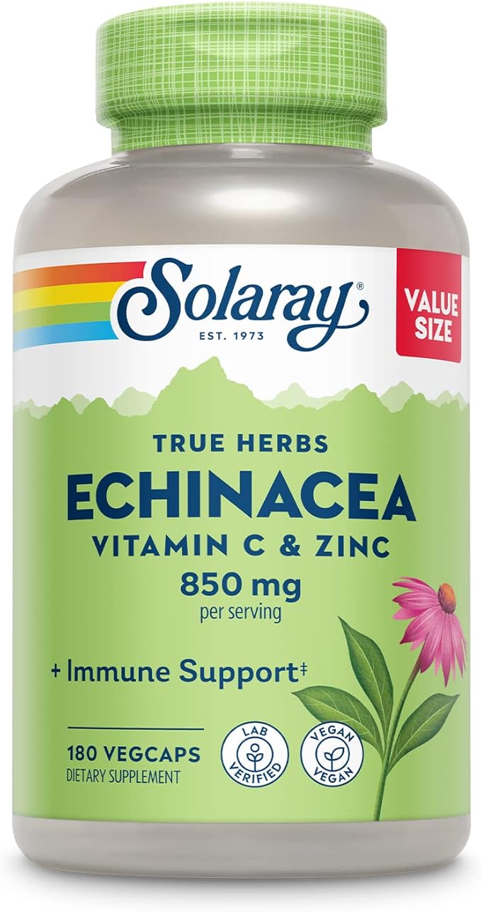 SOLARAY Echinacea with Vitamin C & Zinc – Immune Support Supplement – Echinacea Capsules with Vitamin C 500 mg Plus Bioflavonoids, Vegan, 60-Day Guarantee, 90 Servings, 180 VegCaps