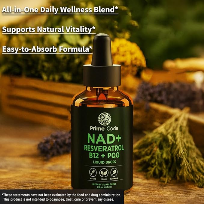 Prime Code NAD+ Liquid Drops with Resveratrol, Vitamin B12 & PQQ – Advanced Cellular Energy & Antioxidant Support – Vegan, Non-GMO, Gluten Free – Fast Absorption Supplement for Men & Women, 2 fl oz