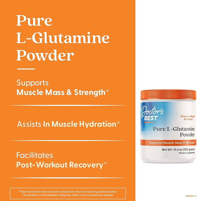 Doctors Best Pure L Glutamine Powder Supplement for Men & Women - L-Glutamine 5g Per Serving, Amino Acid Support, Supports Muscle Mass & Strength, Non-GMO, Gluten Free, Soy Free, Vegan - 10.6 oz