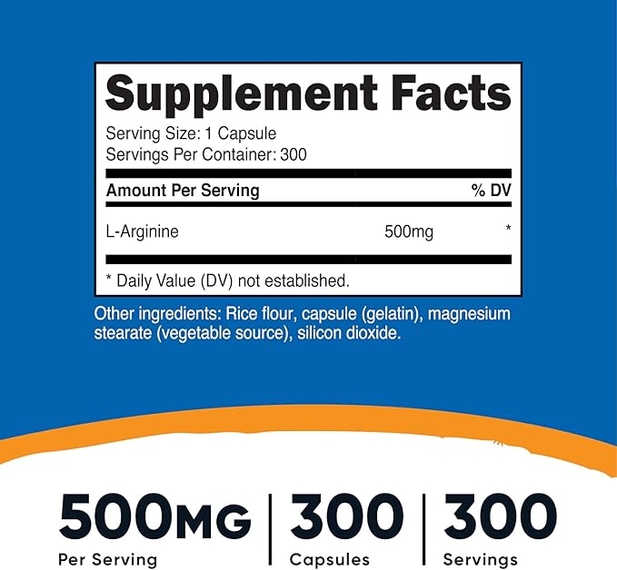Nutricost L-Arginine 500mg, 300 Capsules (3 Bottles)