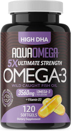5X Ultimate Strength Omega 3 Fish Oil Supplements with High DHA and EPA Omega 3 Fatty Acids, Fish Oil Supplement with Vitamin D and No Fishy Aftertaste, 120 Softgels