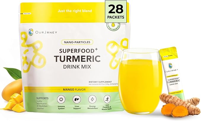 Nano Turmeric Curcumin Drink Powder Supplements–Mango Flavor Daily Morning Routine Immunity Wellness Shot, Gut Health & Joint Support - No Added Sugar, Vegan, Gluten-Free, Non-GMO,28 Sachets