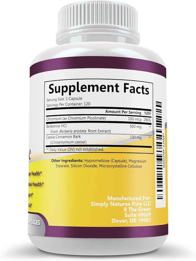 Simply Natures Pure Premium Berberine HCl 500mg - 120 Capsules - Cardiovascular Gastrointestinal Immune Support - Chromium Cinnamon