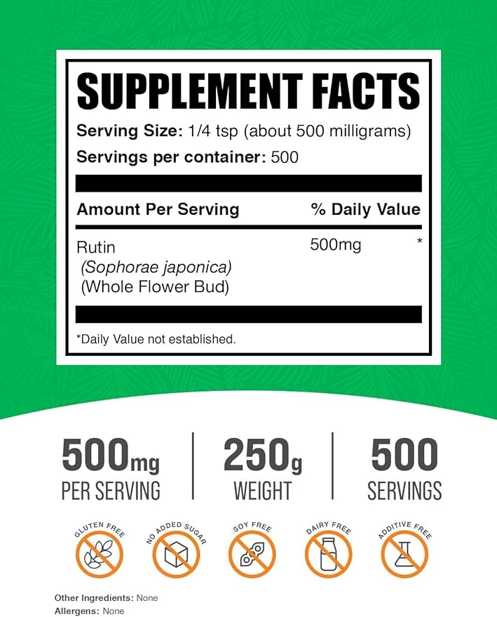 BulkSupplements.com Rutin Powder - from Saphora Japonica, Rutin Supplement, Rutin 500mg - Antioxidants Supplement, Circulation Support - Pure & Natural, 500mg per Serving, 250g (8.8 oz)
