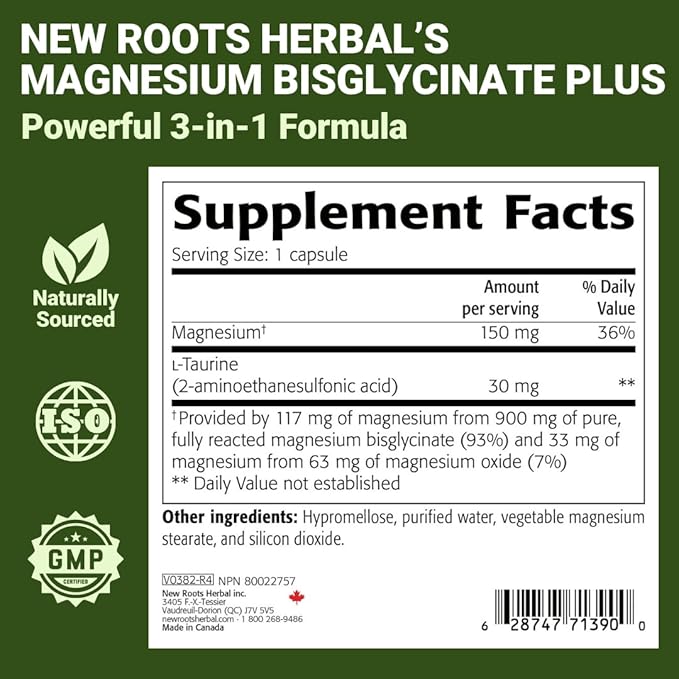 New Roots Herbal Magnesium Bisglycinate Plus, 120 Veggie Capsules 60-Day Supply - 150mg Elemental Magnesium, Supports Active Living, Non-GMO, Gluten-Free, Gentle on Digestion with Superior Absorption