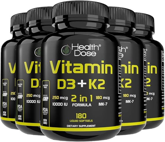 Health Dose Vitamin D3 10,000 IU + K2 (MK7) Supplement, 2-in-1 Formula, Immune Support, a Healthy Mood, Heart, Joint, Teeth, Bone Health, Calcium Absorption, 180 softgels. (5)