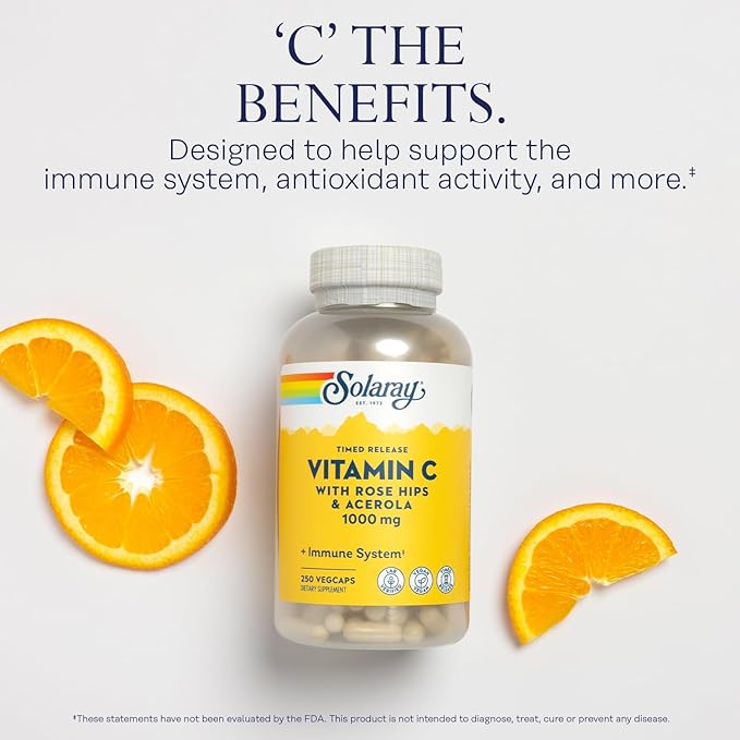 SOLARAY Vitamin C 1000mg - Time Release Vitamin C Capsules w/Rose HIPS and Acerola for Bioflavonoid Support - Two-Stage, All-Day Immune Support - Vegan, 60 Day Guarantee, 250 Servings, 250 VegCaps
