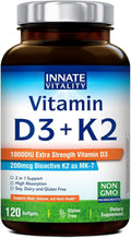 Innate Vitality Vitamin D3 K2 Supplement, High Potency Vitamin D3 10000 IU & Vitamin K2 (MK-7) 200 mcg, Supports Bone, Teeth, Heart & Immune Health, Non-GMO, Gluten Free, 120 Softgels
