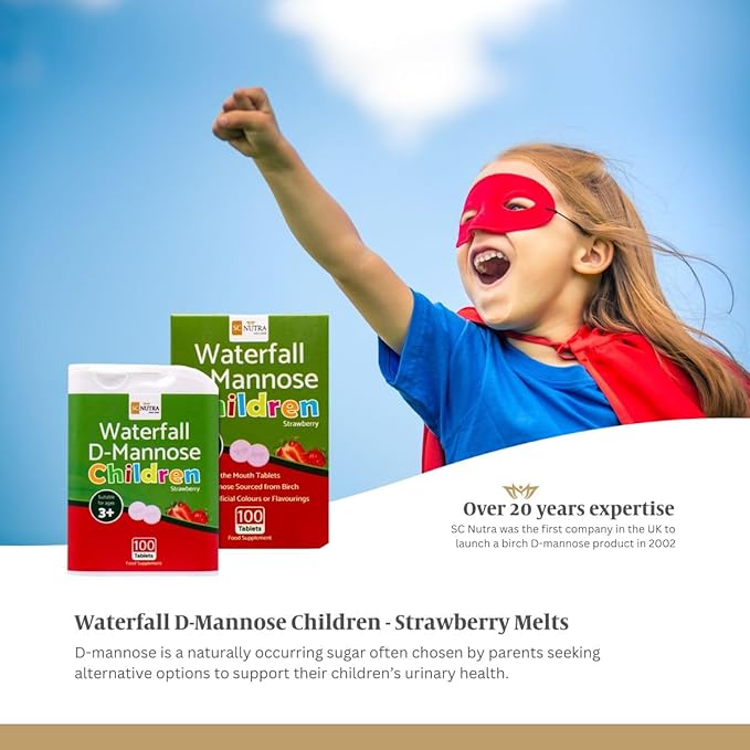 Waterfall D-Mannose Children Melt in the Mouth Tablets with a hint of Strawberry. Suitable for Boys & Girls, 3 Years + | 100 Count