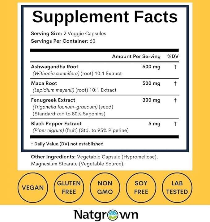 Natgrown Ashwagandha Maca Root Fenugreek Extract Capsules Supplement for Men & Women - Vegan Pills - (120 Count)