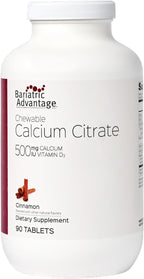 Bariatric Advantage Calcium Citrate Chewable 500mg with Vitamin D3 for Bariatric Surgery Patients Including Gastric Bypass and Sleeve Gastrectomy, Low Sugar - Cinnamon Flavor, 90 Count