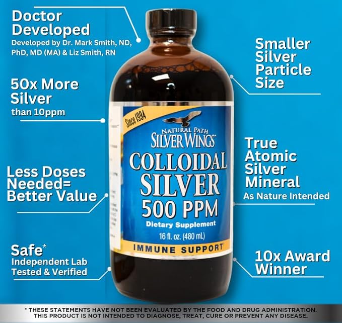 Natural Path Silver Wings Colloidal Silver 500ppm (2,500mcg) Immune Support Supplement 16 fl. oz.
